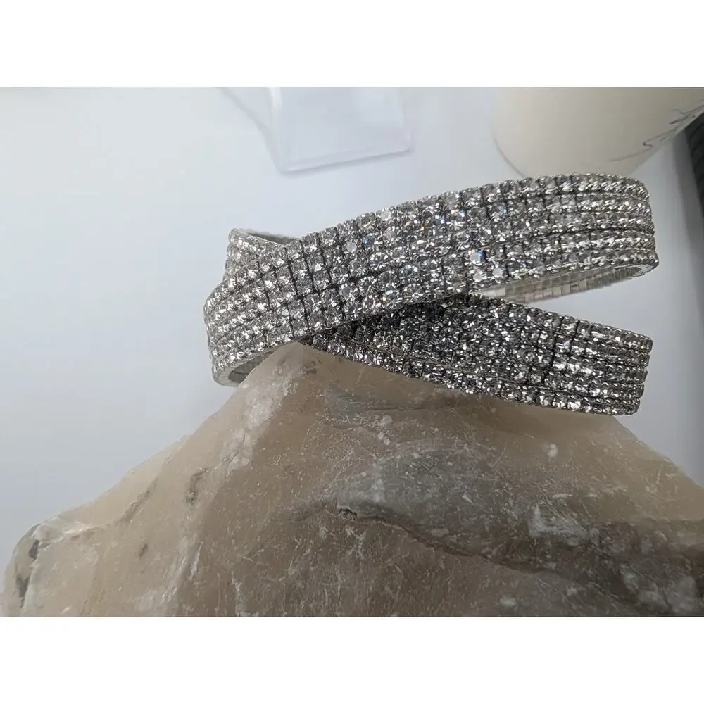 Sparkling Rhinestone Crystal Wide Cuff Bracelet Silver Tone Fashion Jewelry Wrap